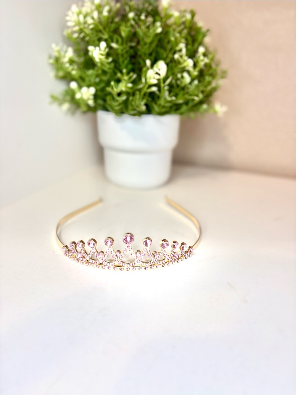 Vintage Gold Tone Pink Rhinestone Tiara Headband Princess Crown Festival Party